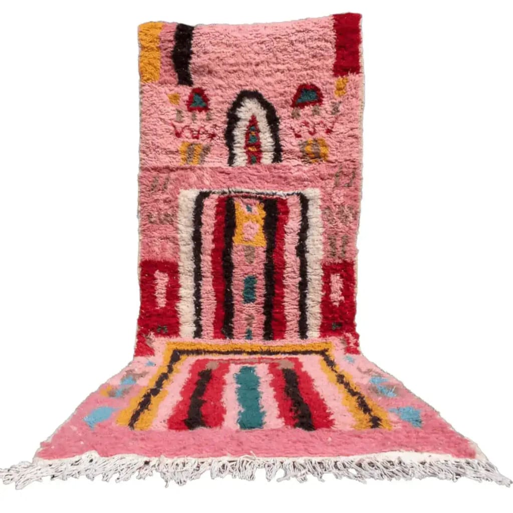 Vibrant Altas Pink Boujaad wool rug runner featuring colorful abstract patterns, perfect for adding style to living room area rugs, kitchen rugs, or as a bathroom runner rug. This wool rug's unique design is ideal for hallway runner rugs or office decor.