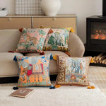 Asian wild velvet throw pillow cover featuring vibrant animal prints and decorative tassels, perfect for enhancing home decor.