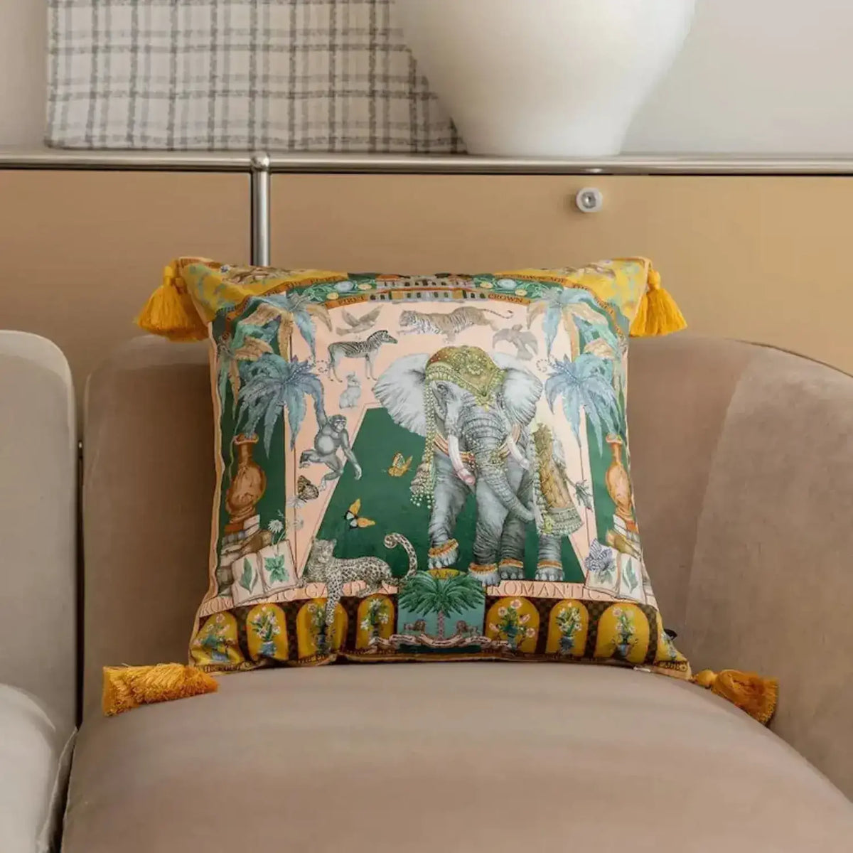 Colorful Asian wild velvet throw pillow cover featuring an elephant and various animal motifs, perfect for adding a vibrant touch to your home decor.