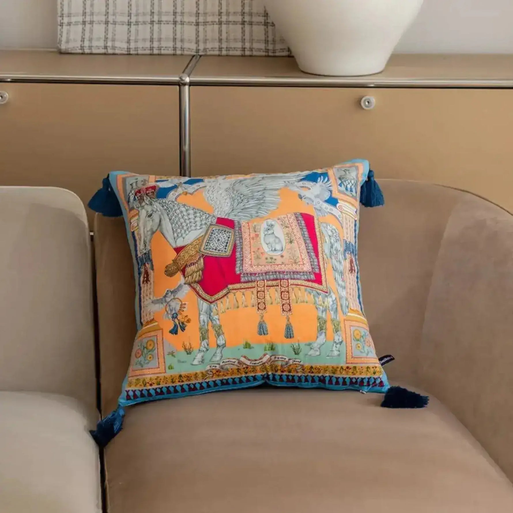 Colorful Asian wild velvet throw pillow cover with intricate designs and tassels, perfect for adding a decorative touch to any living space.