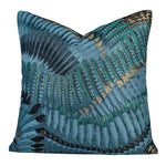 Square blue throw pillow cover with woven wing jacquard in teal, green and gold accents