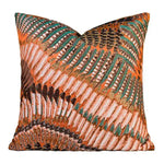 Square rust orange throw pillow cover with diagonal feather jacquard in cream, green and gold