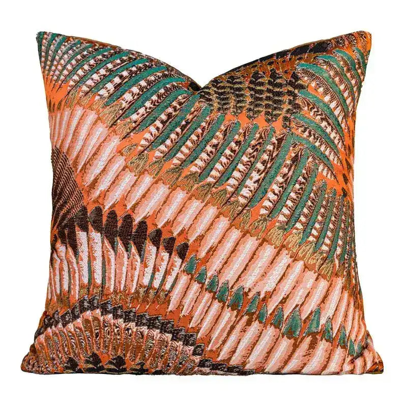 Square rust orange throw pillow cover with diagonal feather jacquard in cream, green and gold