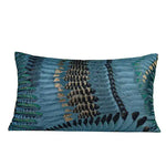 Teal lumbar throw pillow cover with textured jacquard feather pattern in green, gold and navy