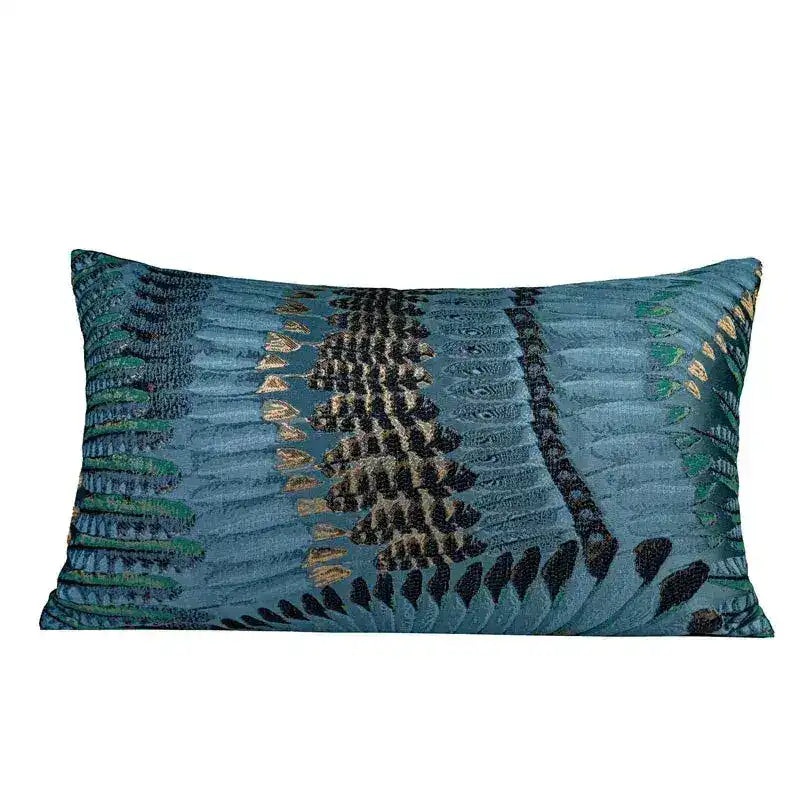 Teal lumbar throw pillow cover with textured jacquard feather pattern in green, gold and navy