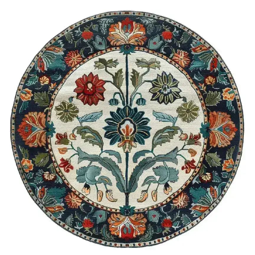 The Blossom Grace Hand Tufted Round Rug is a stunning wool rug, perfect for dining room or living room spaces. This area rug features an intricate floral design with vibrant colors, making it an ideal choice for dining room carpets and adding elegance to your home decor.