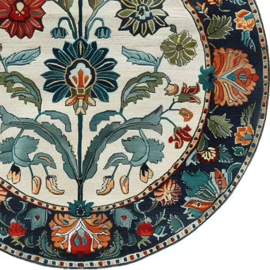 A beautifully detailed Blossom Grace Hand Tufted Round Rug showcasing intricate floral patterns with vibrant colors. Perfect for adding elegance to your dining room or living space. This wool area rug is ideal for those seeking stylish dining room area rugs or living room carpets with a touch of nature-inspired design.