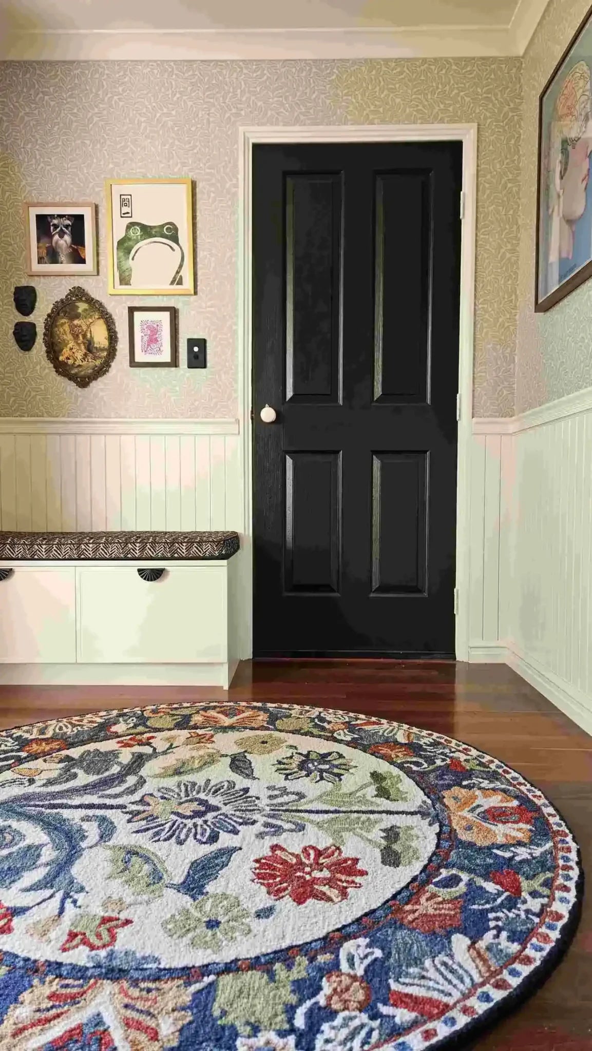 A beautifully designed Blossom Grace Hand Tufted Round Rug with vibrant floral patterns, perfect for enhancing dining room aesthetics. This wool rug adds a touch of elegance to any living space, making it an ideal choice for dining room area rugs and carpets.