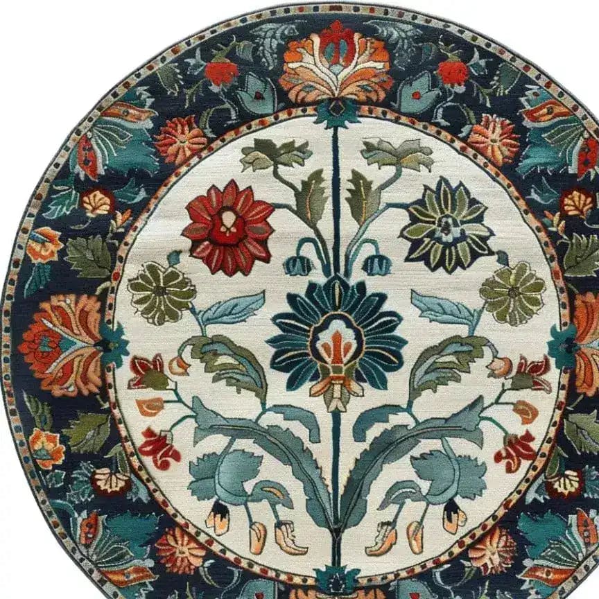 The Blossom Grace Hand Tufted Round Rug features an intricate floral design in vibrant colors, perfect for adding elegance to your dining room or living room. This high-quality wool rug serves as an exquisite area rug, enhancing any space with its charming round shape and detailed patterns, ideal for dining room carpets or dining room area rugs.