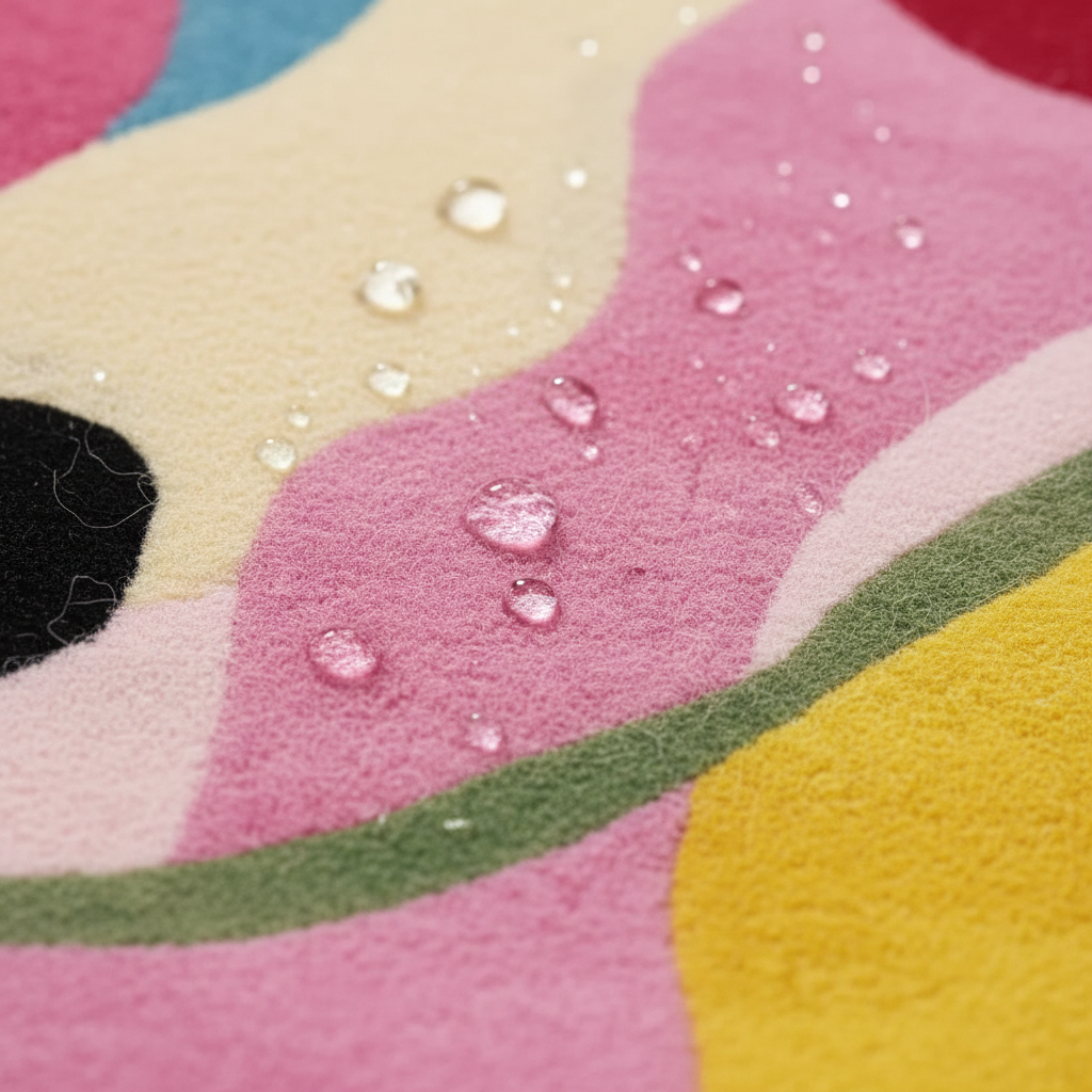 Close-up of a colorful rug surface with water droplets.