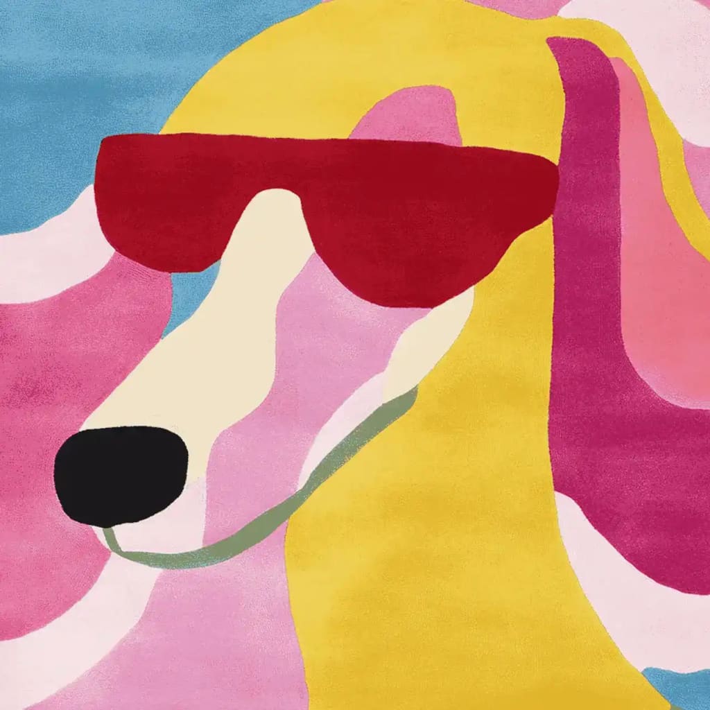 Vibrant and playful area rug featuring an abstract design of a dog wearing red sunglasses, perfect for adding a pop of color to any living room. This contemporary wool rug combines bold hues of pink, yellow, and blue for a stylish statement piece.