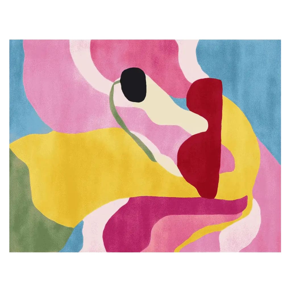 A vibrant area rug titled 'The Chill Dog Hand Tufted Rug', showcasing an abstract design with bold colors including pink, yellow, red, and blue. Perfect for those seeking a contemporary rug to enhance their living room decor. Made from wool, this rug combines modern flair with cozy comfort.