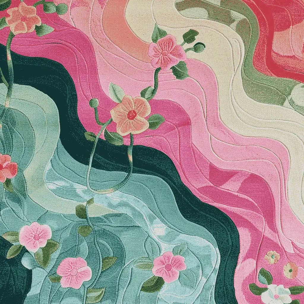Vibrant hand-tufted area rug featuring a floral design with swirling patterns in shades of pink, green, and cream. Perfect for adding a touch of elegance to rugs for living room, this wool rug captures the essence of a florist's dream with its detailed flower motifs and rich colors, ideal for those seeking area rugs for living room.