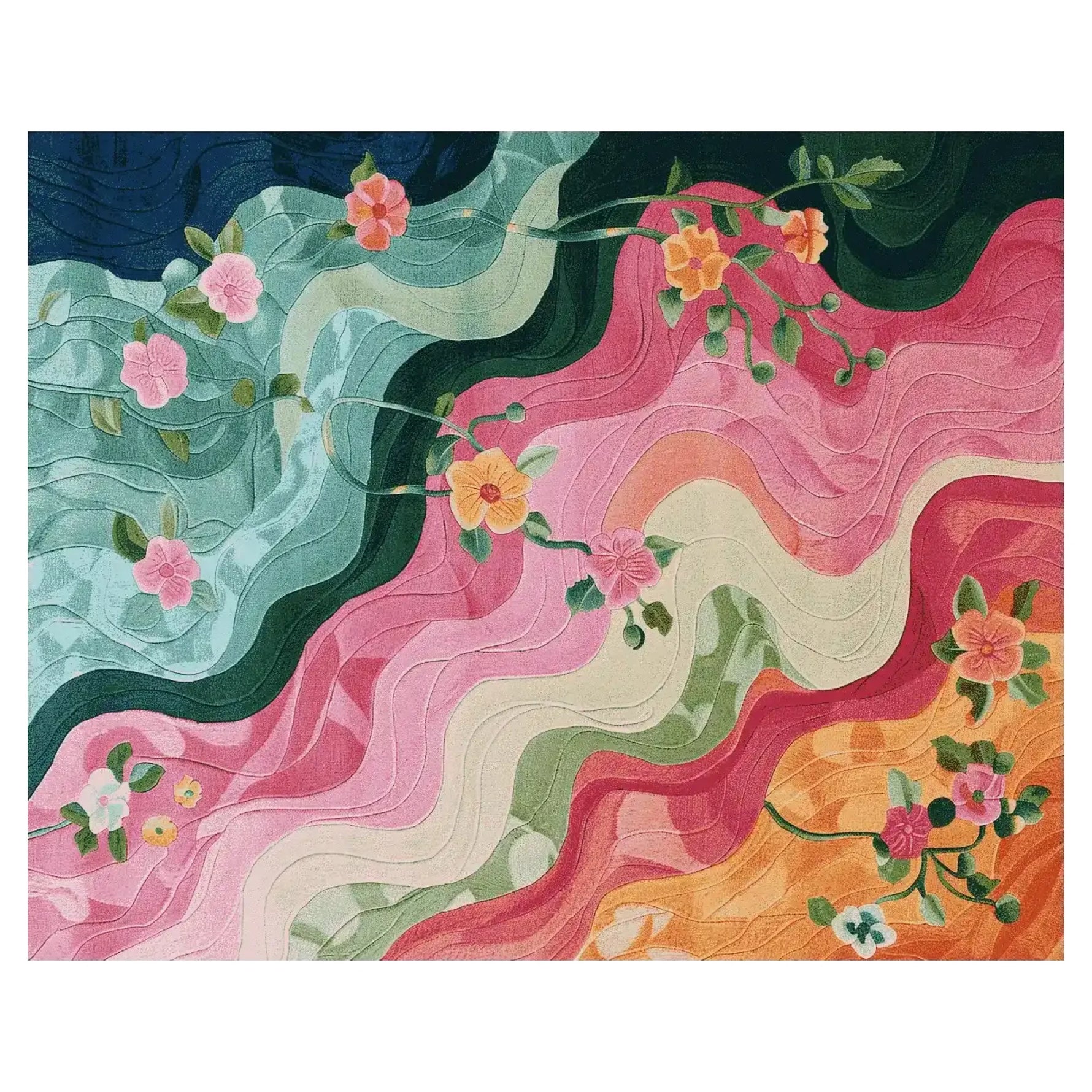 Vibrant area rug featuring a hand-tufted floral design, perfect for adding a splash of color to your living room. This wool rug showcases an array of blooming flowers in pinks, oranges, and greens, creating a dream-like atmosphere for any space. Ideal for those seeking a unique floral rug to enhance their interior decor.