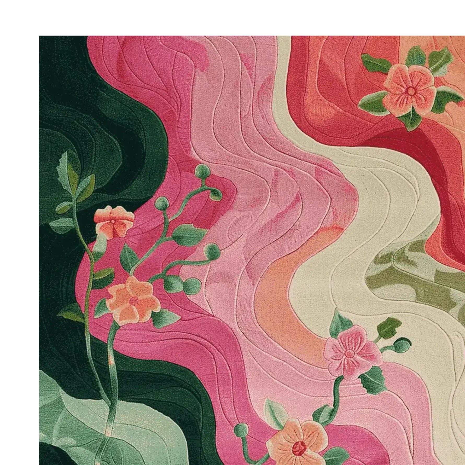 The Florist's Dream Hand Tufted Rug showcases a vibrant floral design, perfect for adding a touch of elegance to your living room. This wool rug features swirling patterns of pink, green, and orange, making it an ideal area rug for living rooms. The intricate details of this floral rug highlight its craftsmanship, offering both beauty and comfort.