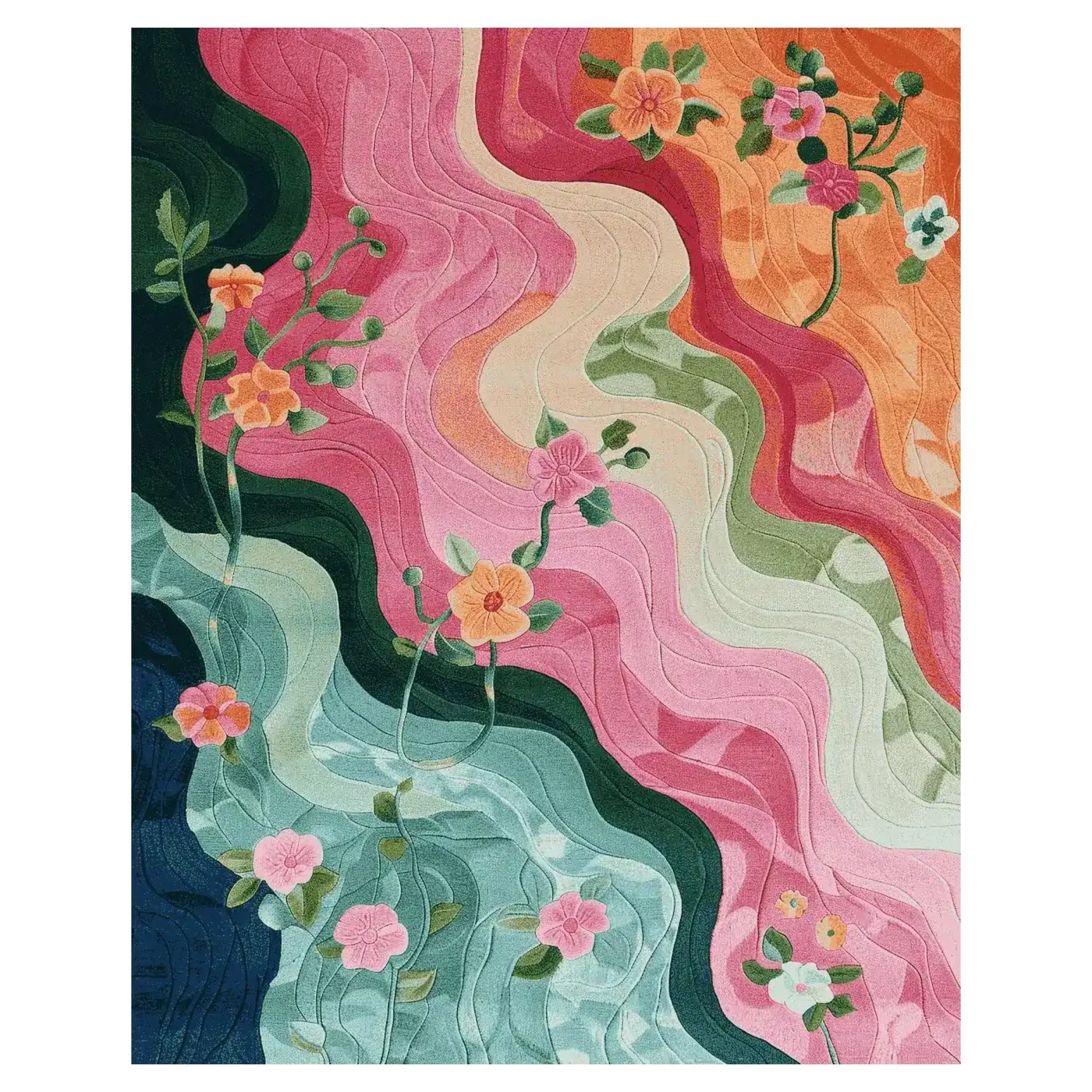 The Florist's Dream Hand Tufted Area Rug showcases a vibrant floral design with swirling patterns in shades of pink, green, and orange. This wool rug is perfect for adding a splash of color to your living room, making it an ideal choice for those seeking area rugs for living room spaces.