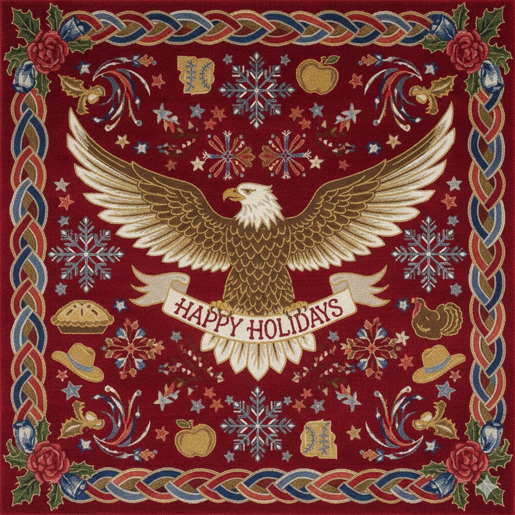 Decorative holiday rug with an eagle and 'Happy Holidays' text on a red background.