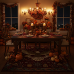 Dining room with a festively decorated table for Thanksgiving, featuring pumpkins, candles, and autumn-themed centerpieces.