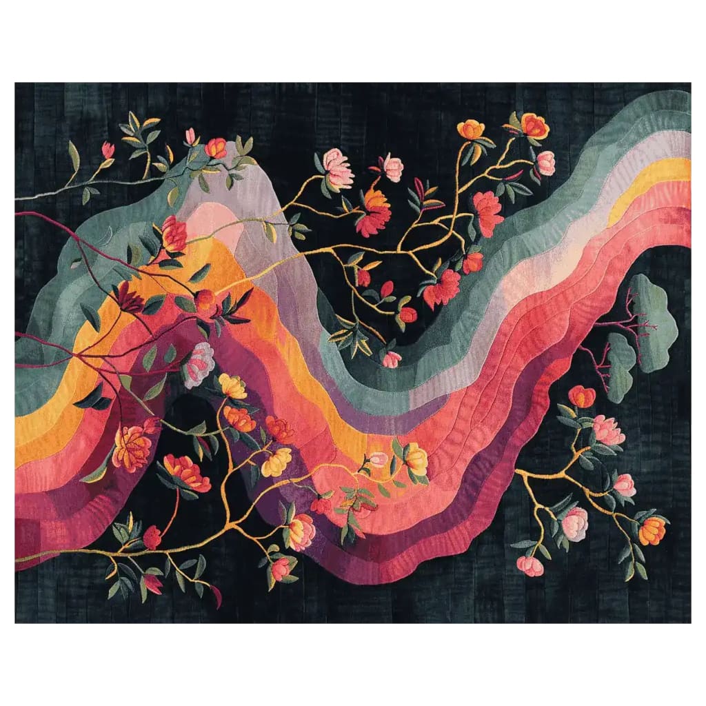 A vibrant area rug featuring a hand-tufted floral design with colorful waves and blossoms. Perfect for adding a touch of elegance to any living room, this wool rug is available in an 8x10 size, making it an ideal choice for area rugs for living room spaces.