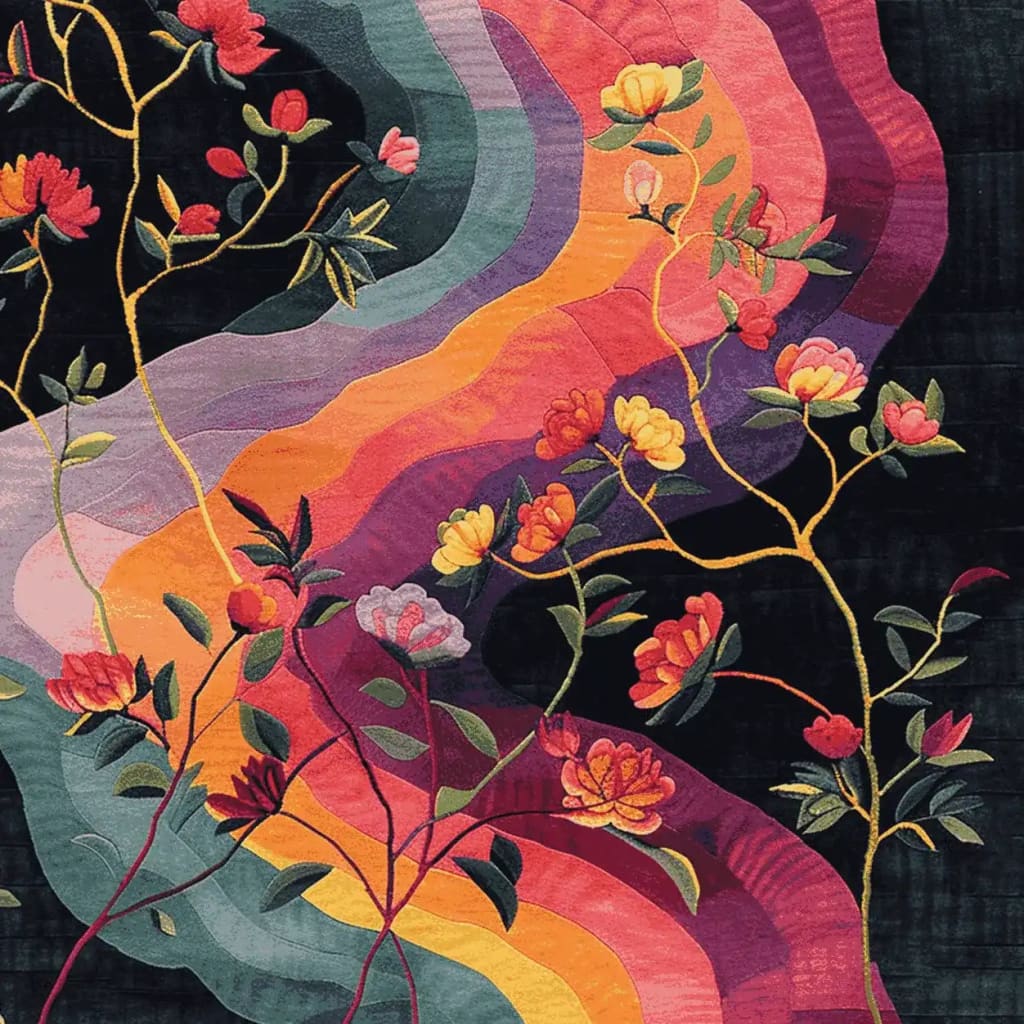 Vibrant 'The Loomed River Hand Tufted Rug' featuring a stunning floral design. This wool area rug boasts colorful waves of orange, pink, and purple, perfect for adding a touch of elegance to any living room. Ideal as an 8x10 living room rug, this floral rug combines artistry with comfort.