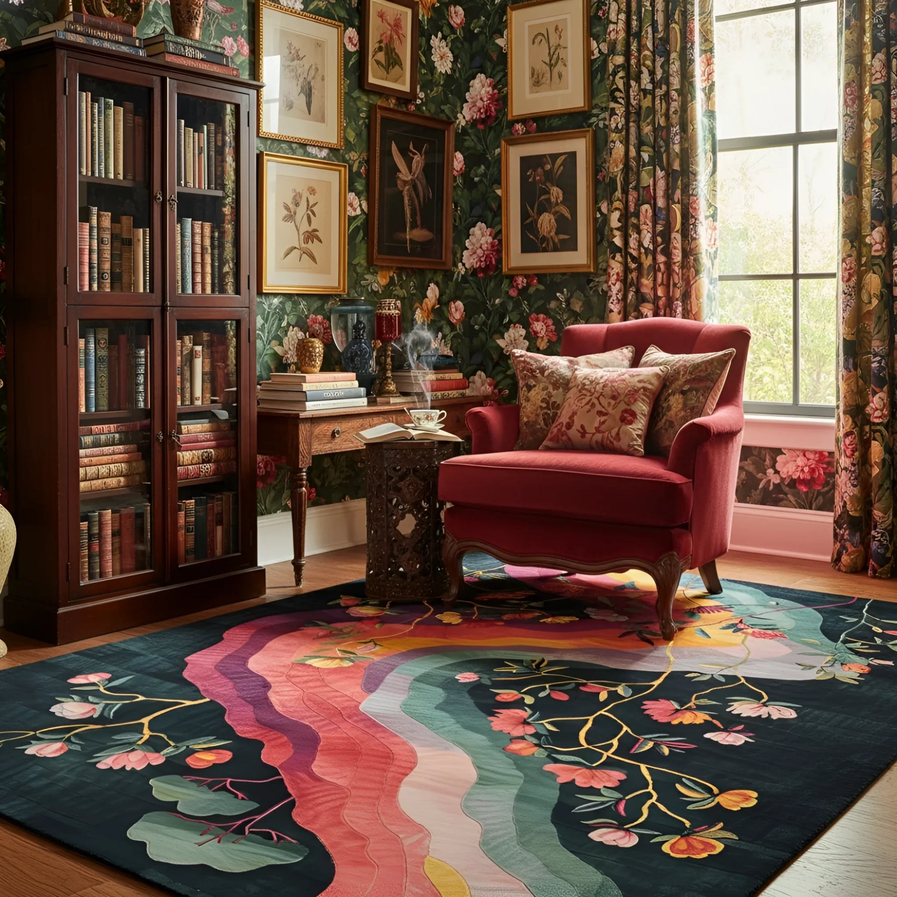 Cozy room with a red armchair, bookshelf, and floral wallpaper.
