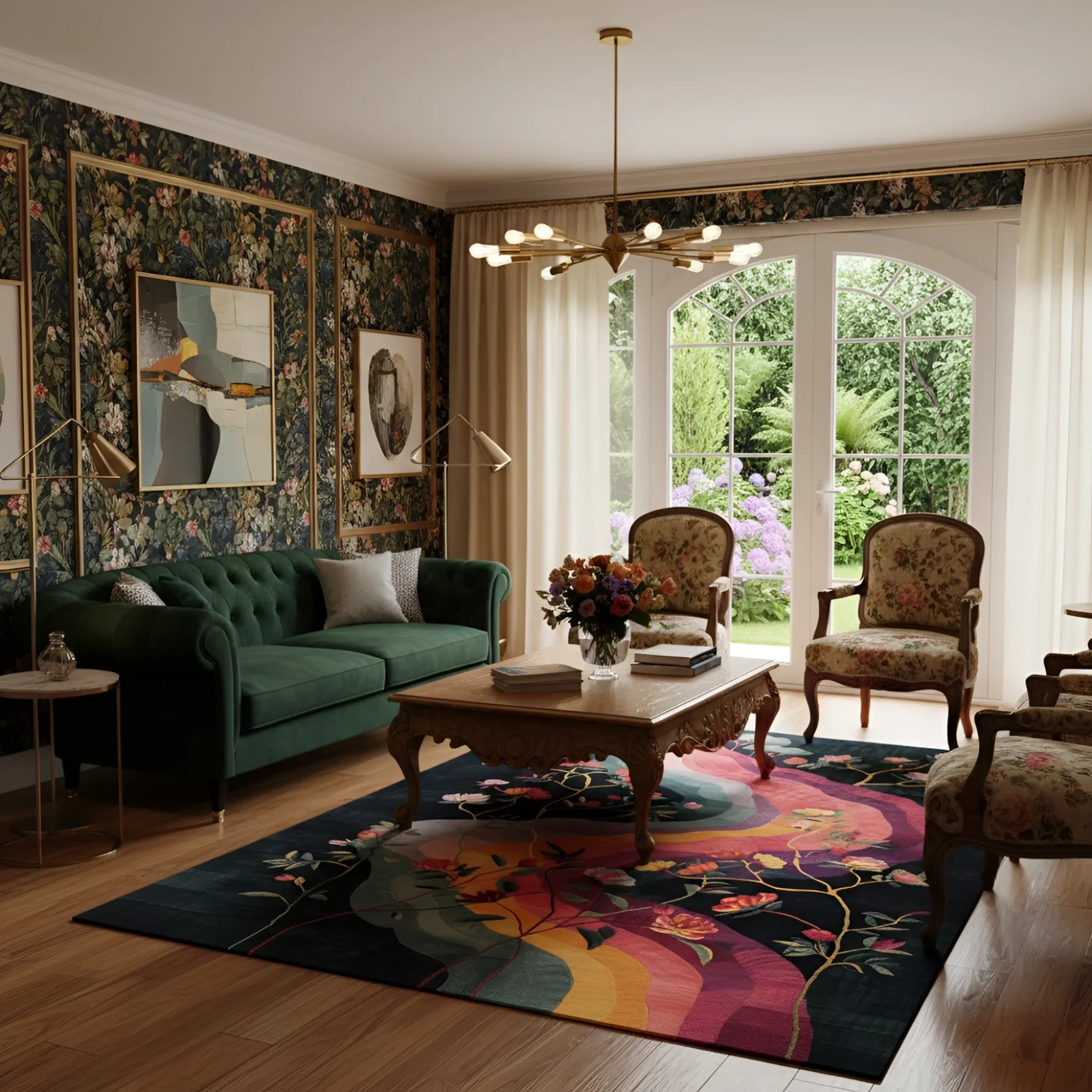 Living room with floral wallpaper, green sofa, and colorful rug.