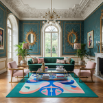 Luxurious living room with green sofa, colorful rug, and decorative mirrors.