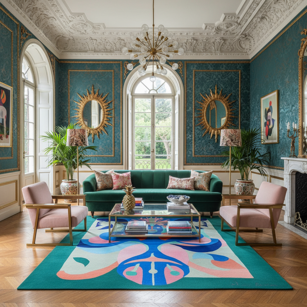 Luxurious living room with green sofa, colorful rug, and decorative mirrors.