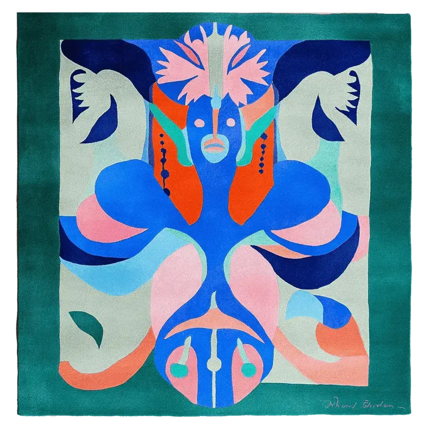 Luxurious living room with green sofa, colorful rug, and decorative mirrors.