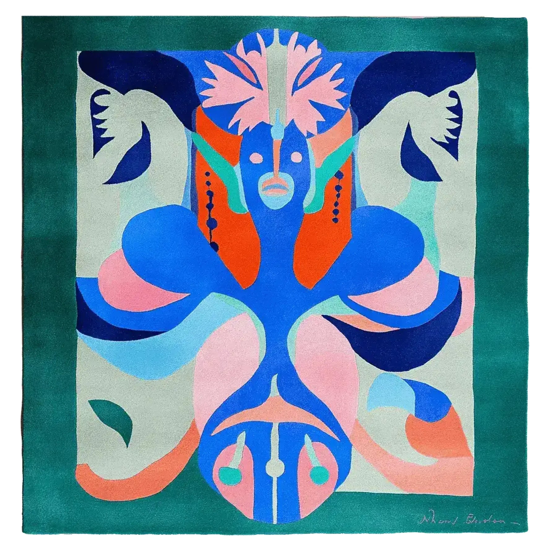 Luxurious living room with green sofa, colorful rug, and decorative mirrors.