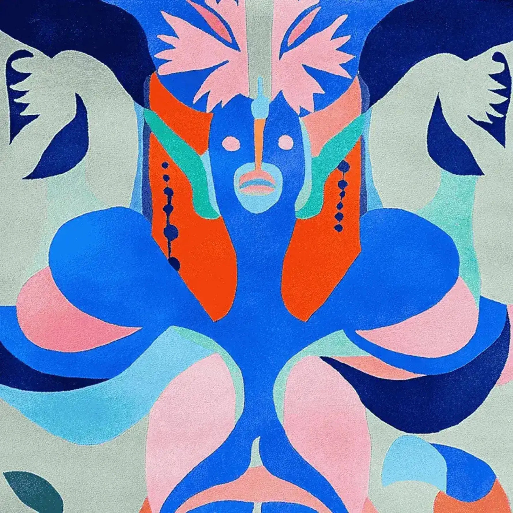 The Painted Spirit Hand Tufted Area Rug features a vibrant abstract design with bold blues, pinks, and oranges, perfect for adding a splash of color to large living room spaces. This contemporary square wool rug is ideal for those seeking unique rugs for the living room.