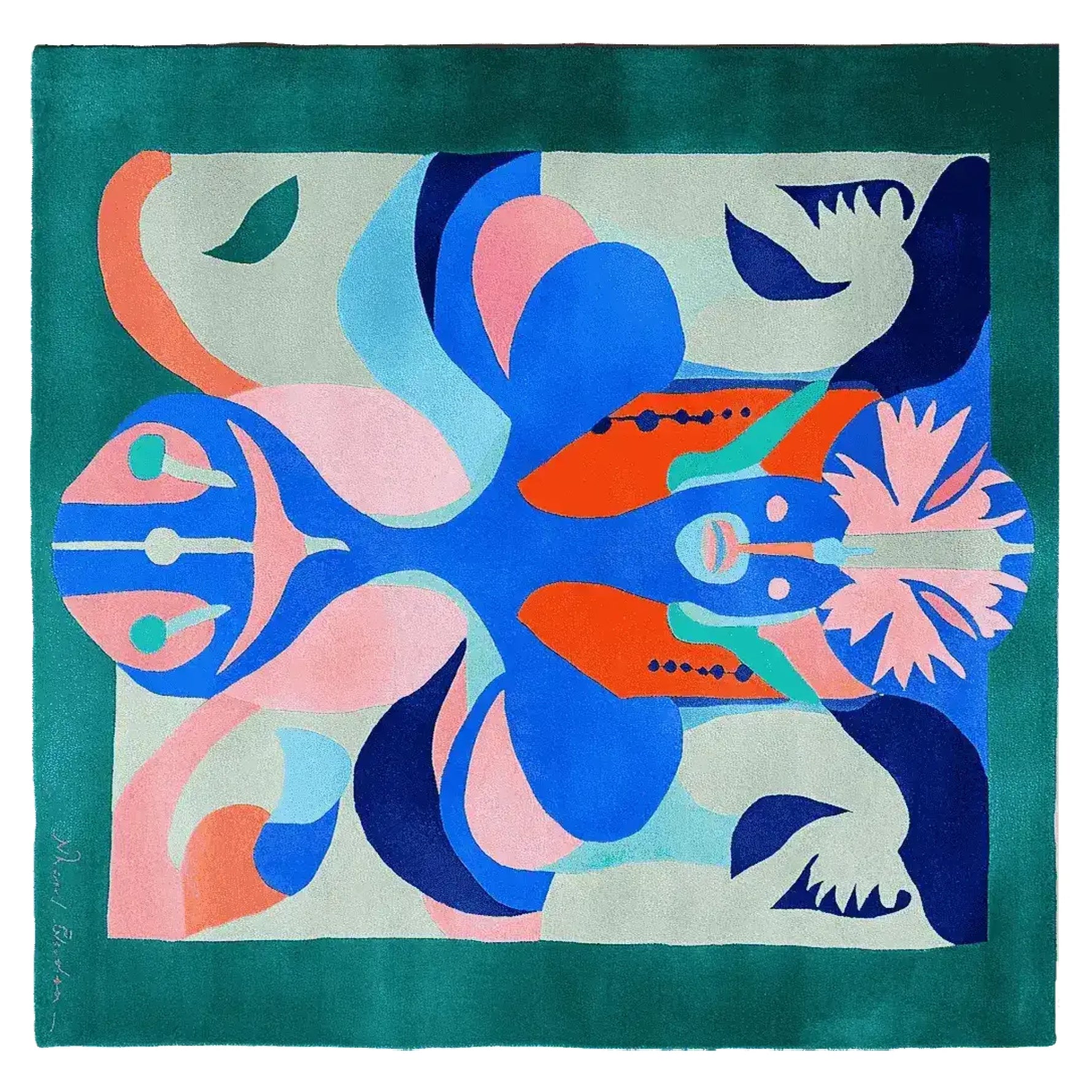 A vibrant, hand-tufted wool rug featuring an abstract design with bold colors including blue, pink, orange, and green. This contemporary square area rug is perfect for large living room spaces, adding a touch of modern artistry to your home decor.