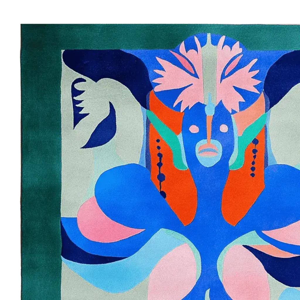 Vibrant abstract design on a hand-tufted wool area rug, perfect for large living rooms. This contemporary square rug features bold colors like blue, orange, and pink, making it an eye-catching piece for any space.