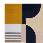 Vibrant contemporary area rug featuring bold geometric patterns in mustard yellow, navy blue, and cream, perfect for living room rugs 8x10. This hand-tufted wool rug adds a modern touch to any space.