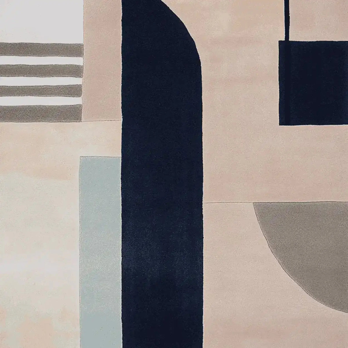 The Quiet Equation Hand Tufted Area Rug showcases a contemporary design with geometric shapes in muted tones of navy, beige, and gray. This 8x10 living room wool rug presents a modern aesthetic, ideal for elevating any space.