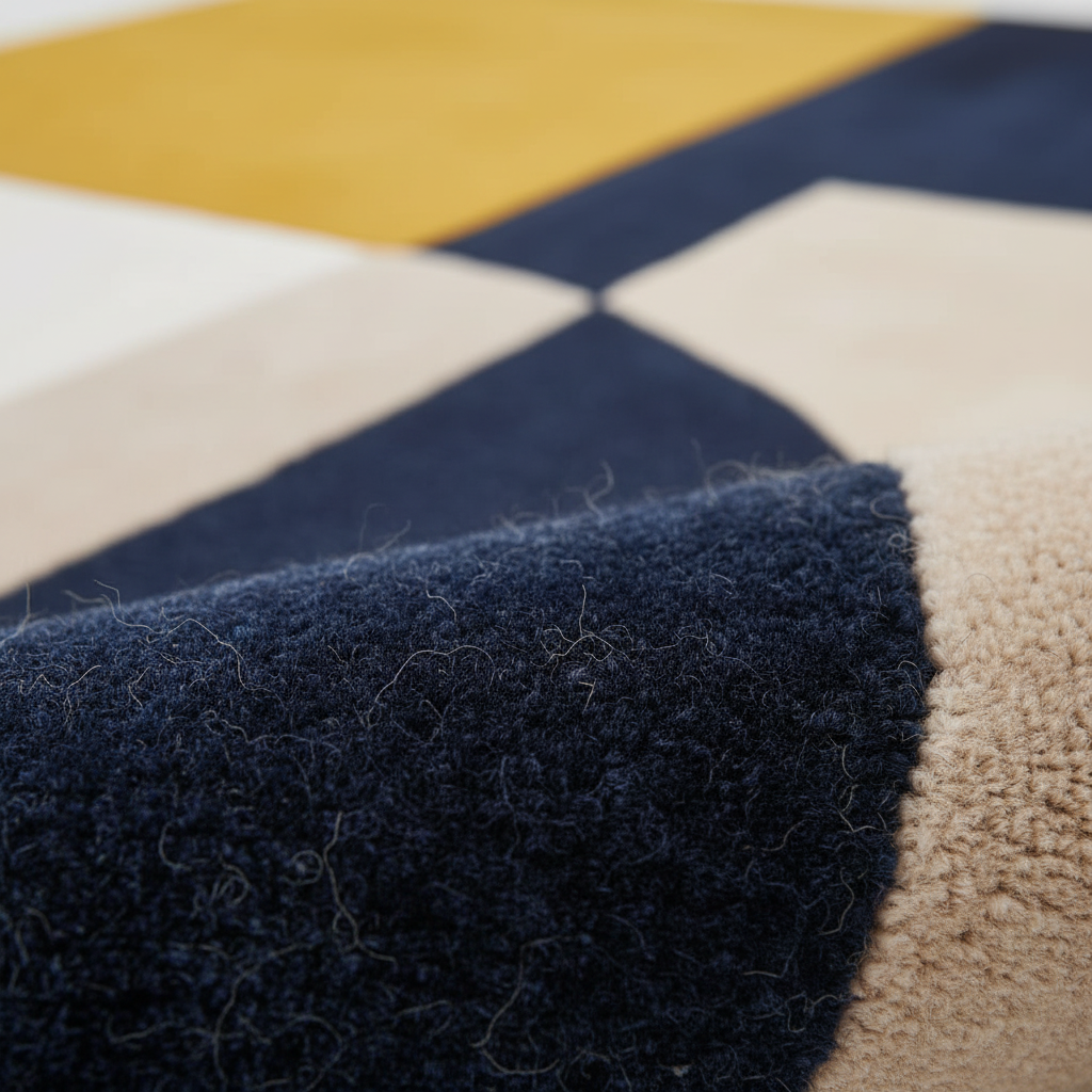 Close-up of a textured blue rug corner with geometric pattern