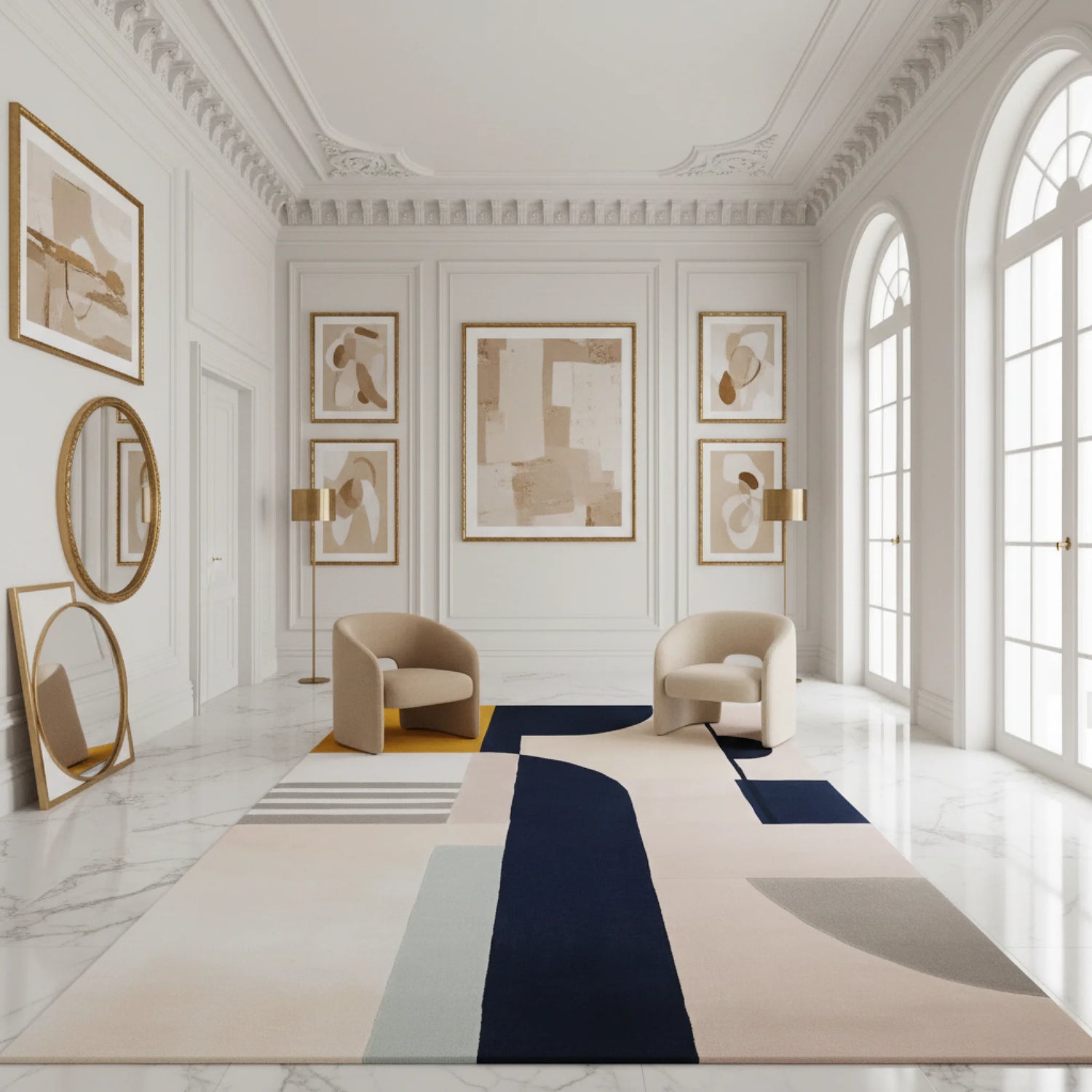 Modern interior design with a geometric rug, armchairs, and wall art in a bright room.