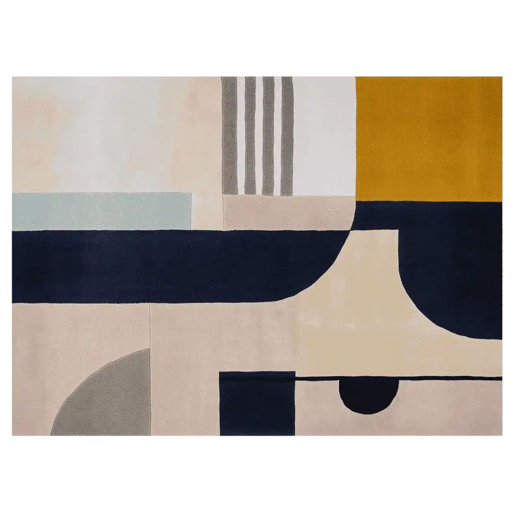 A contemporary area rug featuring an abstract design with bold geometric shapes in navy, mustard, and cream tones. This 8x10 wool rug is perfect for adding a modern touch to your living room.