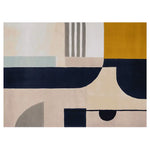 A contemporary area rug featuring an abstract design with bold geometric shapes in navy, mustard, and cream tones. This 8x10 wool rug is perfect for adding a modern touch to your living room.
