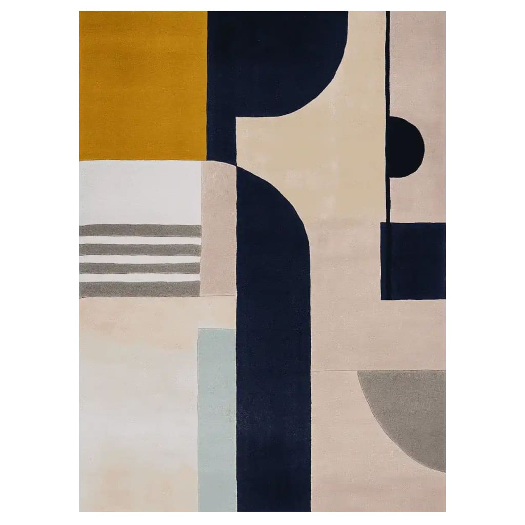 The Quiet Equation Hand Tufted Area Rug showcasing a contemporary design with bold geometric patterns. Perfect for enhancing your living room decor, this 8x10 wool rug features a striking mix of mustard, navy, and beige tones.
