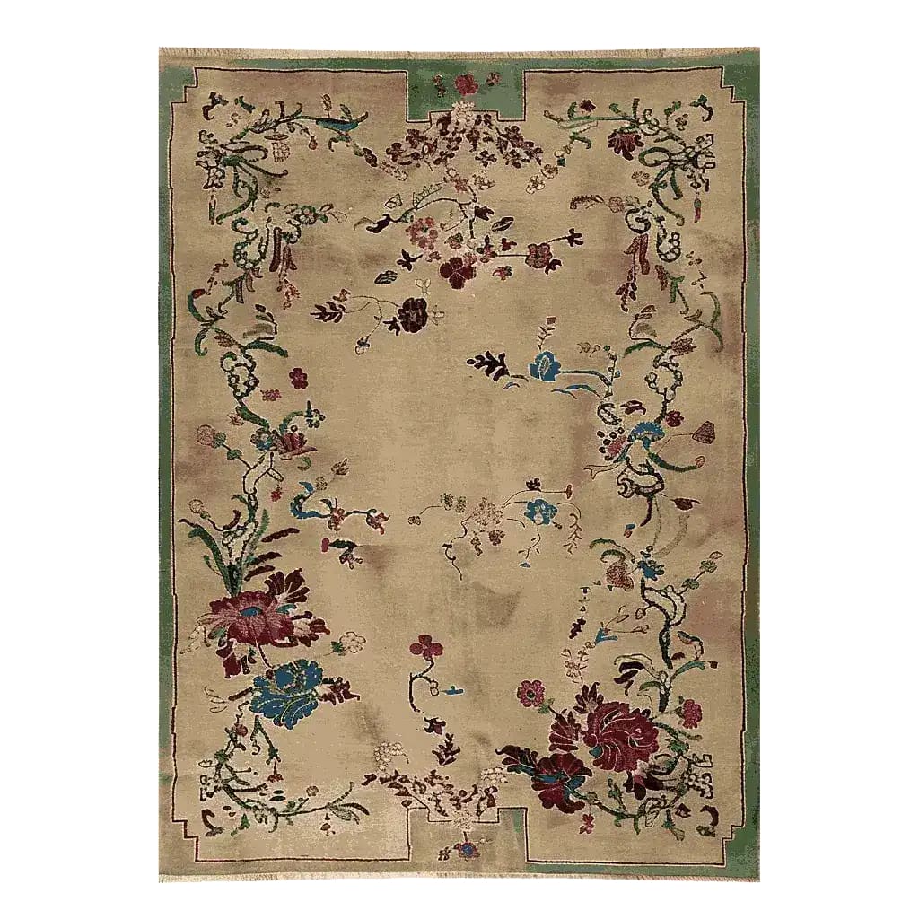 The Regal Bloom Hand Knotted Rug is an exquisite area rug showcasing a lush floral design. This 8x10 wool rug, perfect for living rooms, features intricate patterns with vibrant flowers on a neutral background, adding elegance and warmth to any space.