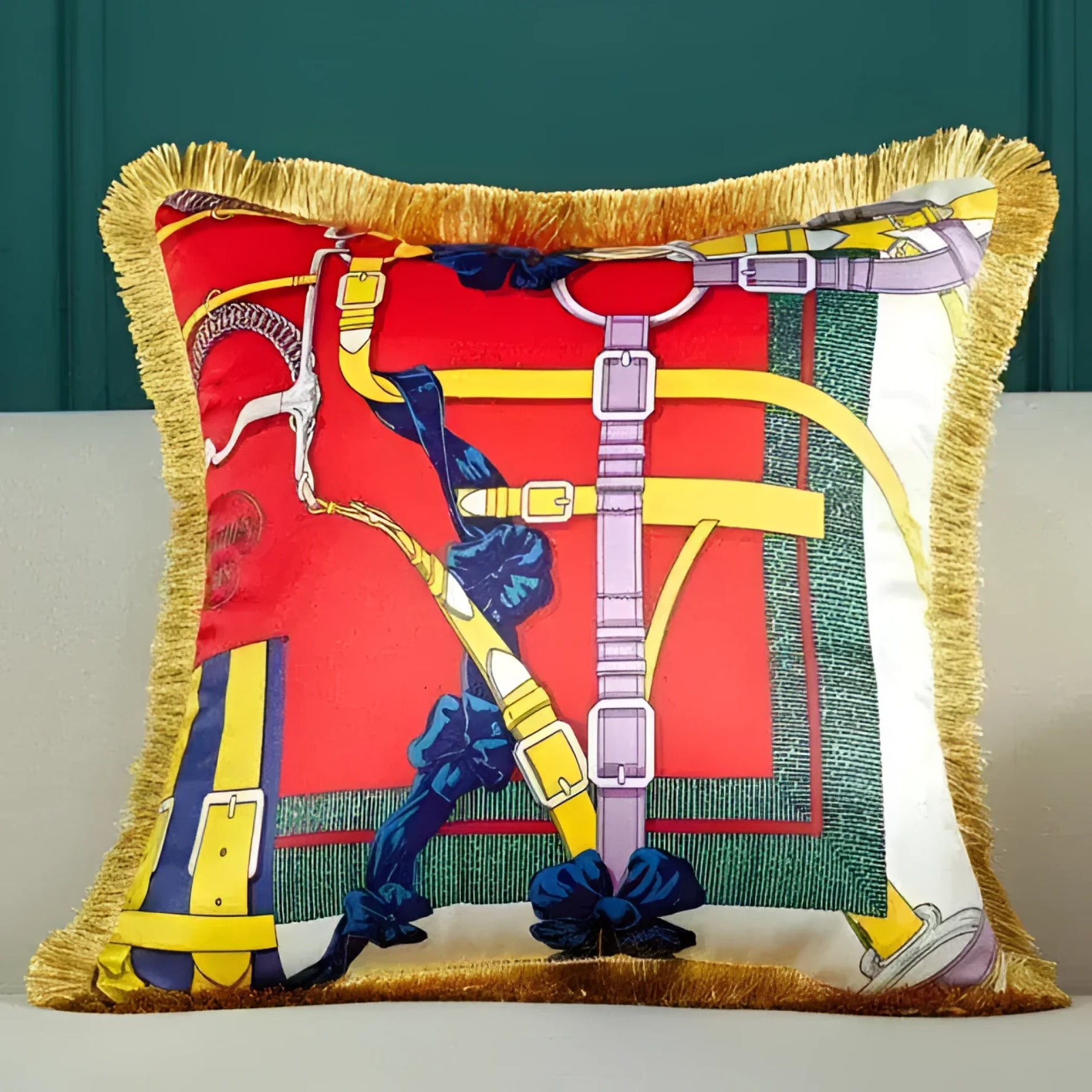 Vibrant throw pillow featuring a royal animal collection print with colorful straps and fringed edges, perfect for home decor.