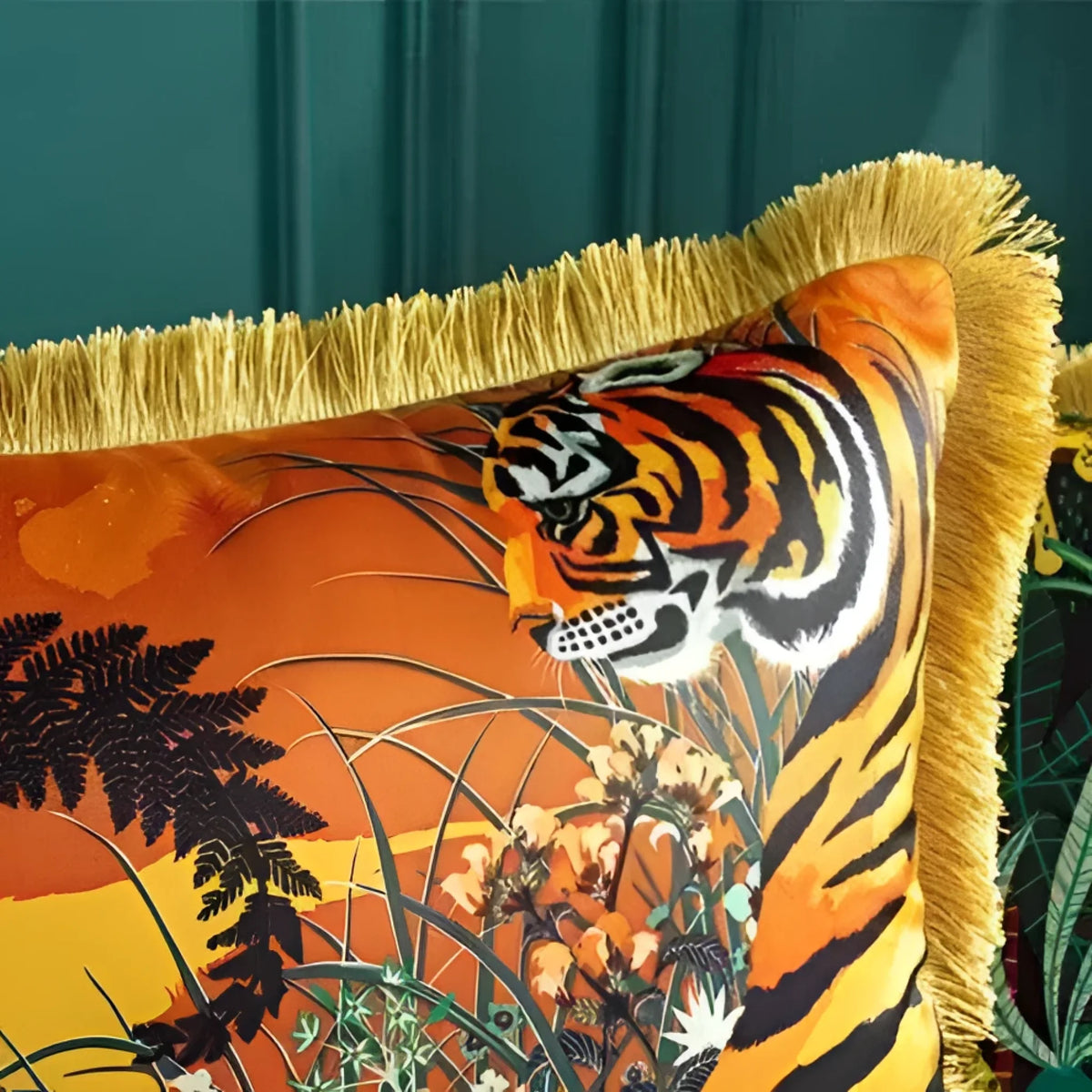 Decorative throw pillow featuring a vibrant tiger design with fringed edges, perfect for adding a touch of exotic elegance to any living space.