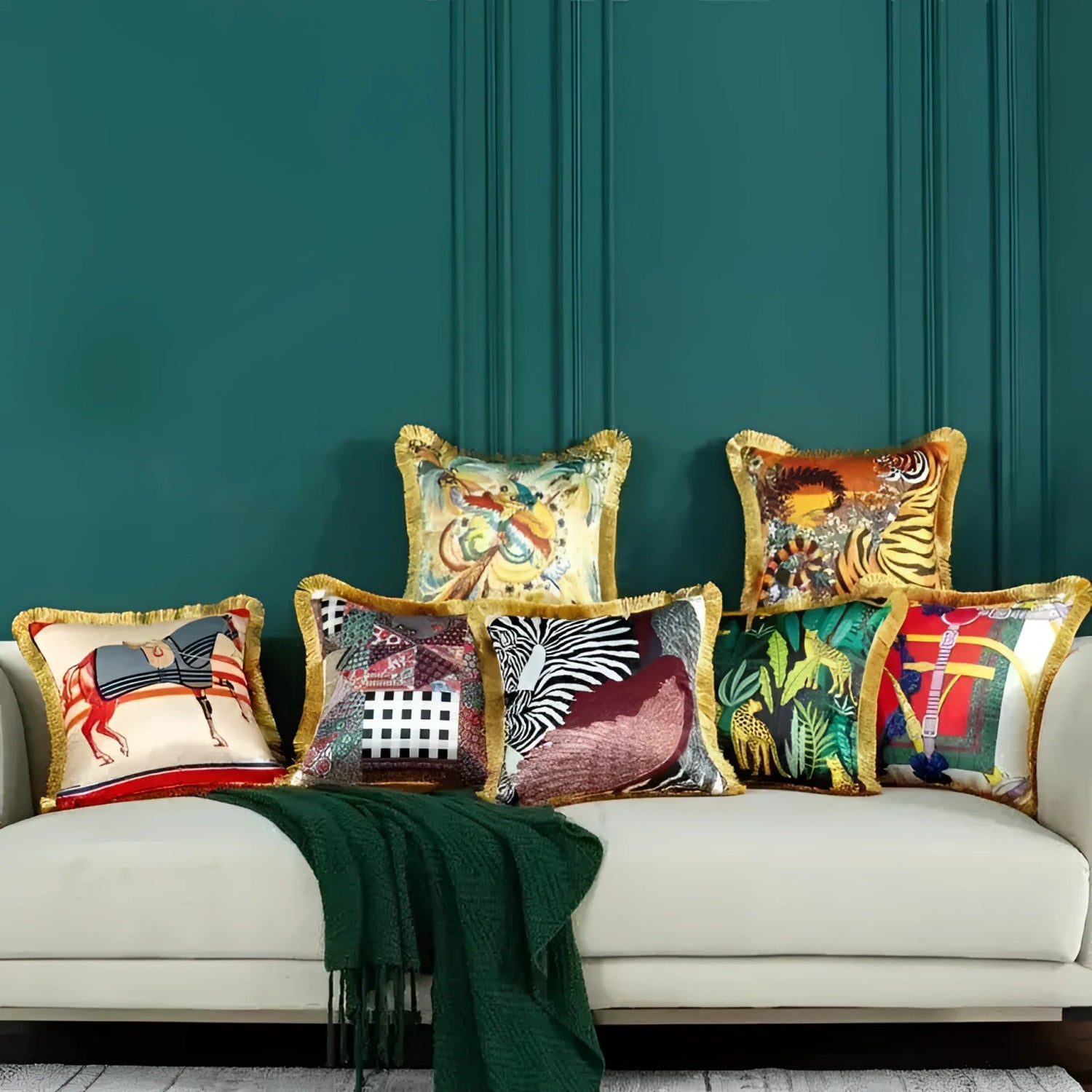 Colorful throw pillows featuring exotic animal prints and vibrant patterns on a cozy couch, ideal for home decor.