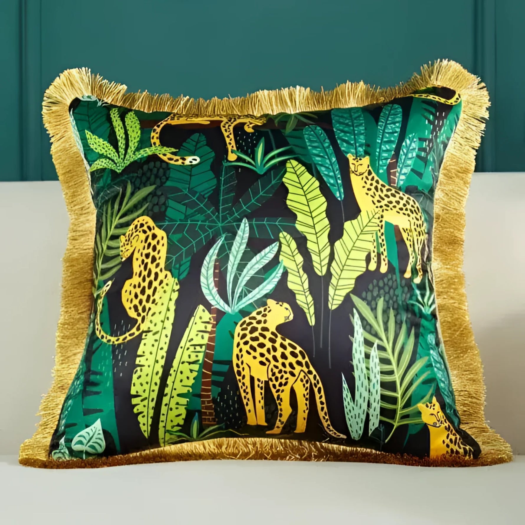 Vibrant throw pillow featuring a jungle animal print with leopards and lush green foliage, framed with a decorative fringe.