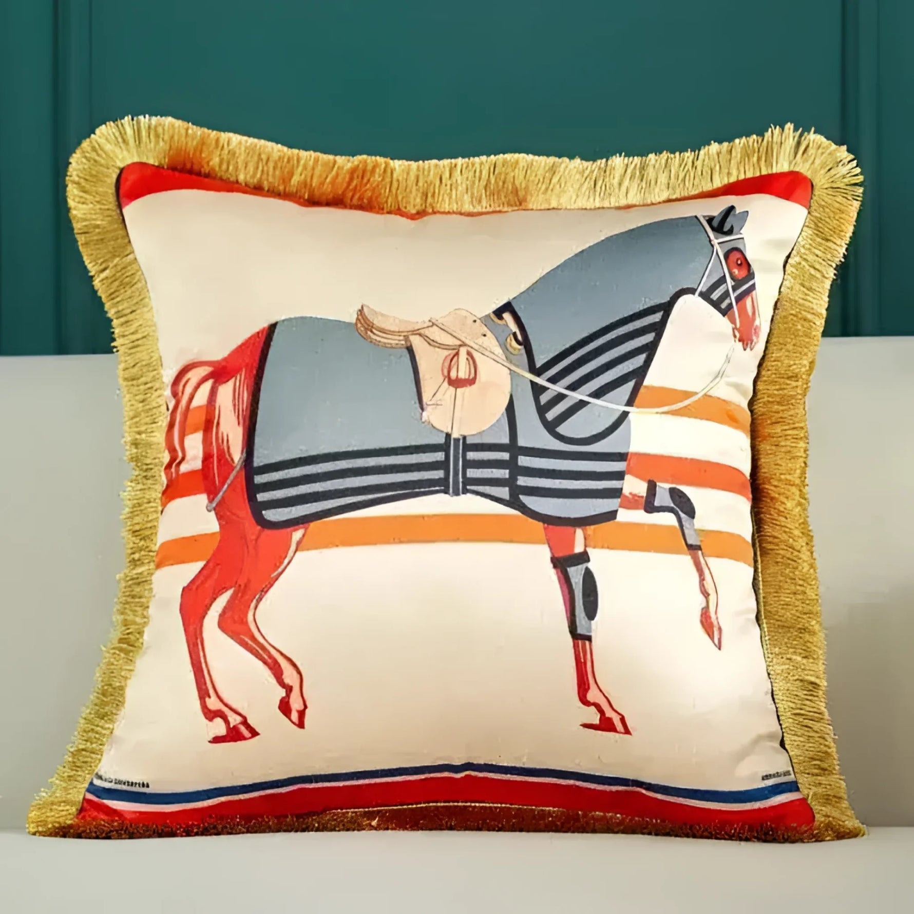 Decorative throw pillow featuring a vibrant horse design with fringed edges, perfect for adding a touch of elegance to your home decor.
