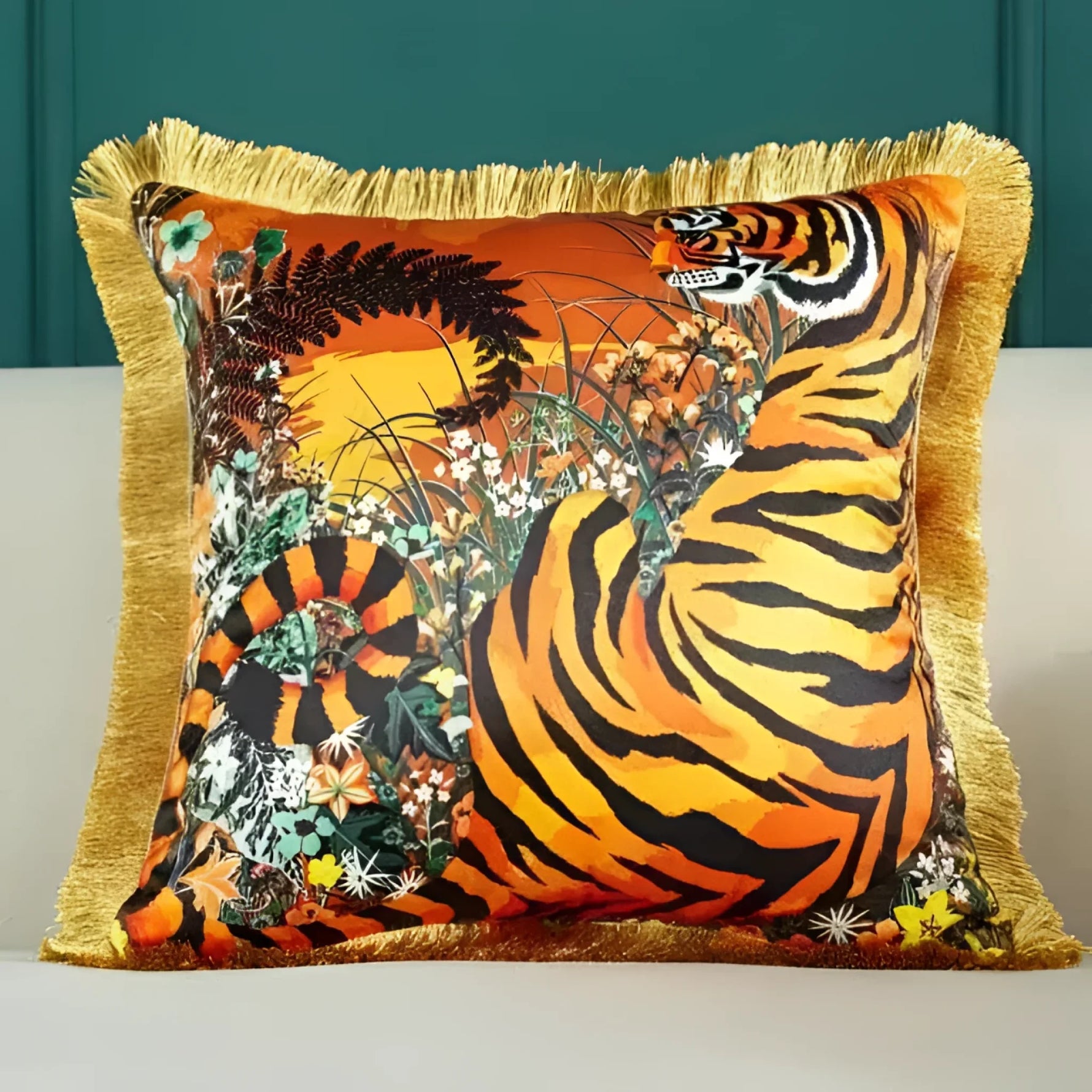 Vibrant throw pillow featuring a majestic tiger design with floral accents and a fringed border, perfect for adding a bold touch to any decor.