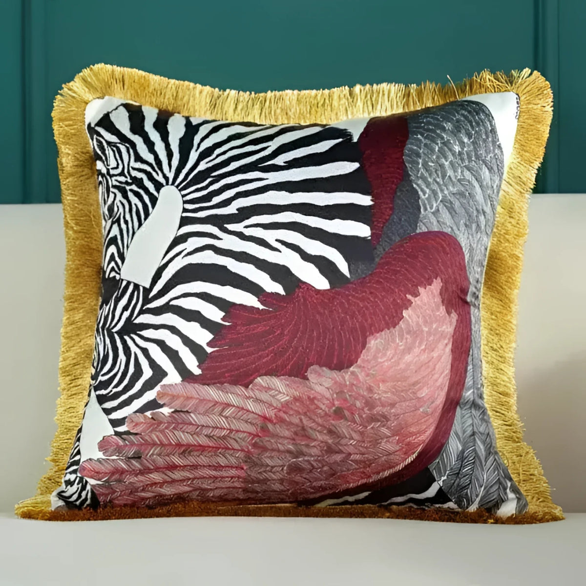 Decorative throw pillow featuring vibrant animal prints with a zebra pattern and red feather design, framed with a fringed edge, perfect for adding a touch of elegance to any living space.