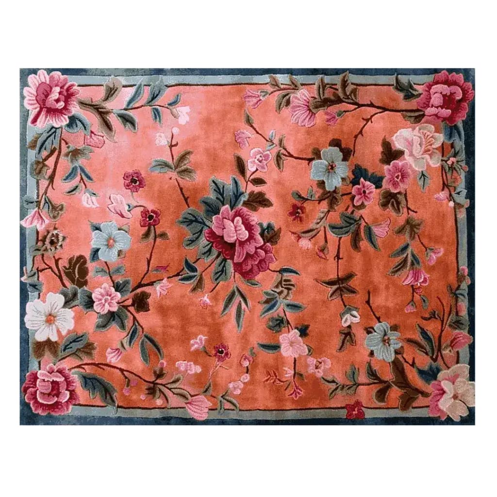 This exquisite hand-knotted area rug features a vibrant floral design, perfect for adding a touch of elegance to living rooms or dining rooms. The rich wool rug showcases an array of colorful flowers on a warm background, making it an ideal choice for formal dining room settings.