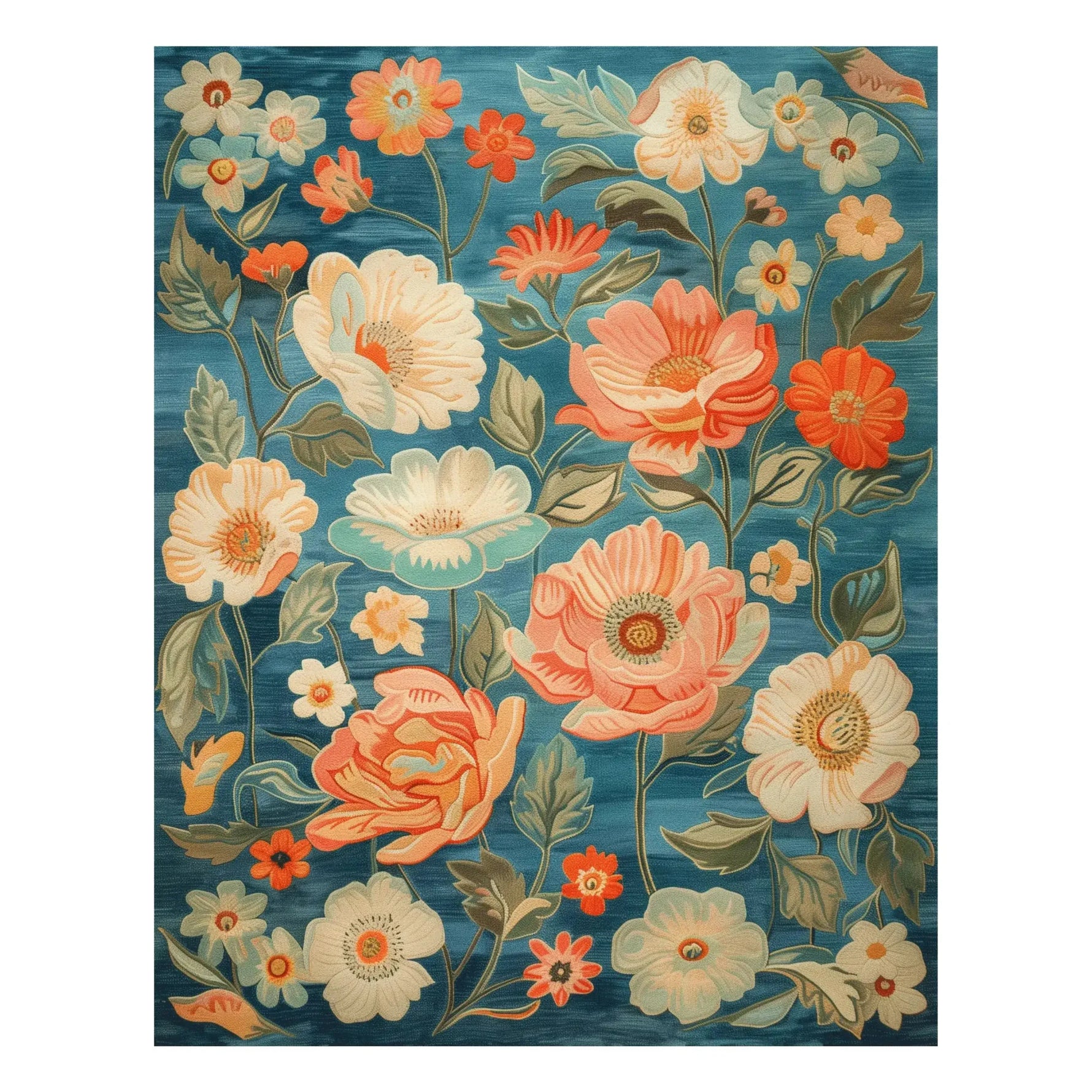 The Serene Garden Hand Tufted Rug features a vibrant floral design with a blend of orange, cream, and green flowers set against a rich blue background. Perfect for adding a touch of elegance to your living room, this 8x10 wool area rug offers a warm, inviting atmosphere. Ideal for those seeking large area rugs for living room spaces, this floral rug is not only stylish but also durable, making it an excellent choice for any home.